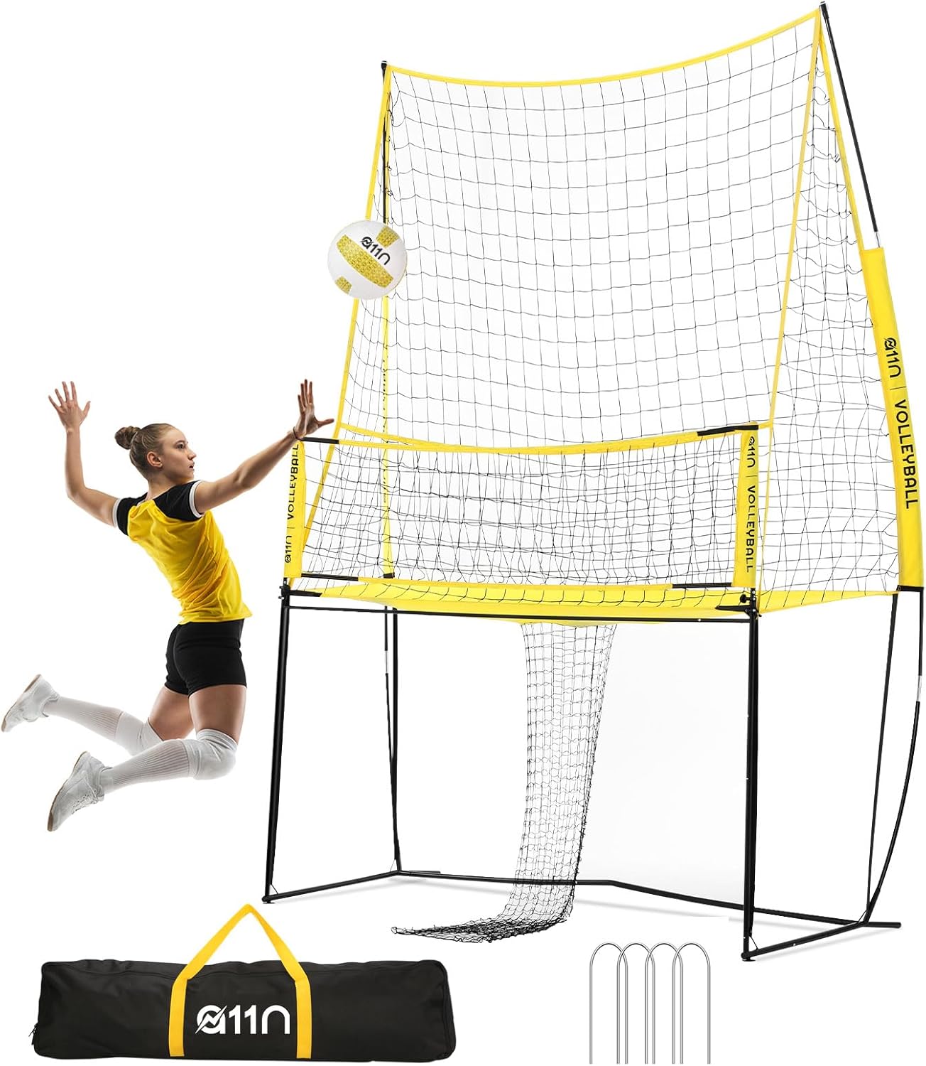 A11N Volleyball Practice Net Station with 3 Adjustable Heights – 6’5”, 7’2”, 8′ – Indoor and Outdoor Volleyball Training Equipment for Serving, Hitting, Spiking, and Dinking Practice