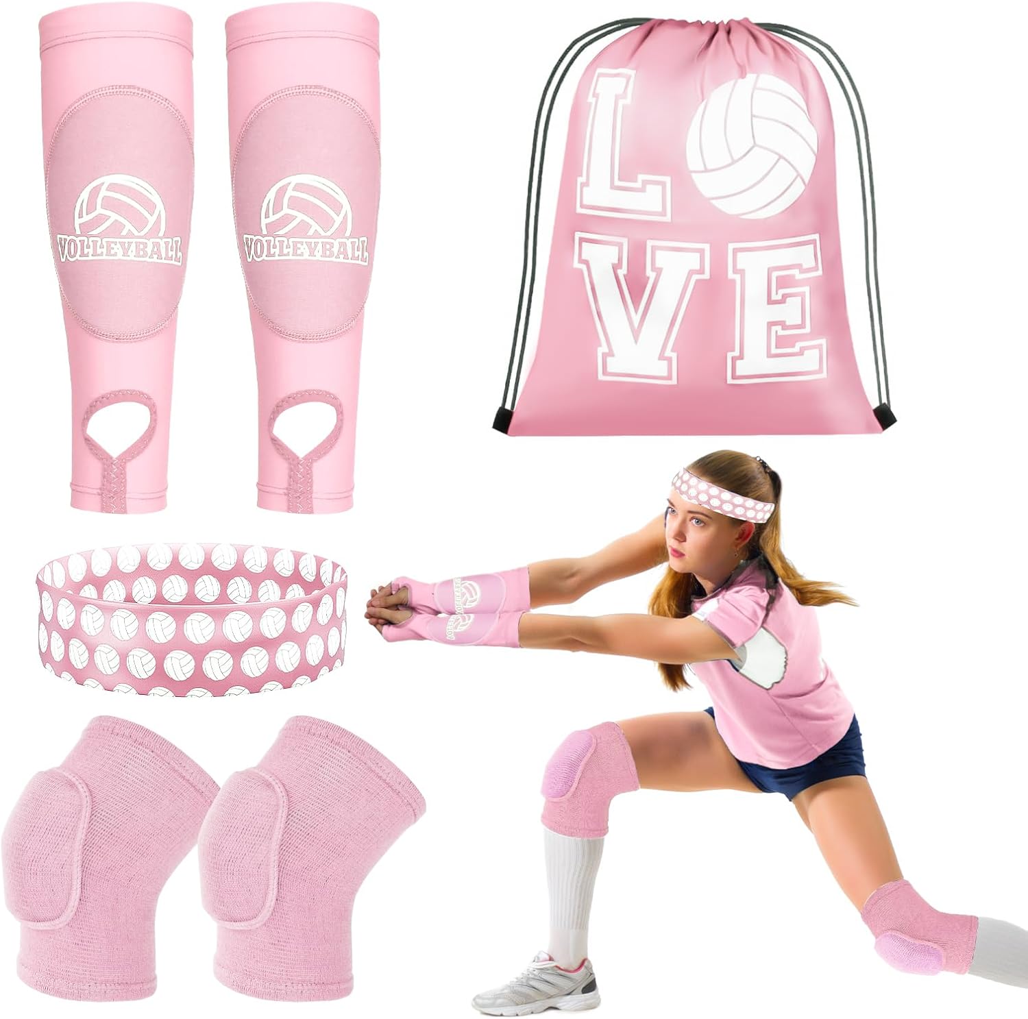 6 Pcs Volleyball Accessories, Include Volleyball Knee Pads Arm Sleeves Drawstring Bag Softball Headbands Volleyball Protection Equipment Gifts for Women Teens Girls Boys Training