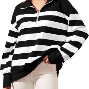Women Oversized Striped Sweatshirt Half Zip V Neck Shirts Casual Loose Fit Pullover Tops 2024 Fall Y2k Clothes