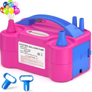 IDAODAN Electric Balloon Pump, Portable Electric Balloon Blower Machine Balloon Air Pump Dual Nozzle Rose Red 110V 600W Balloon Inflator for Party Decorations