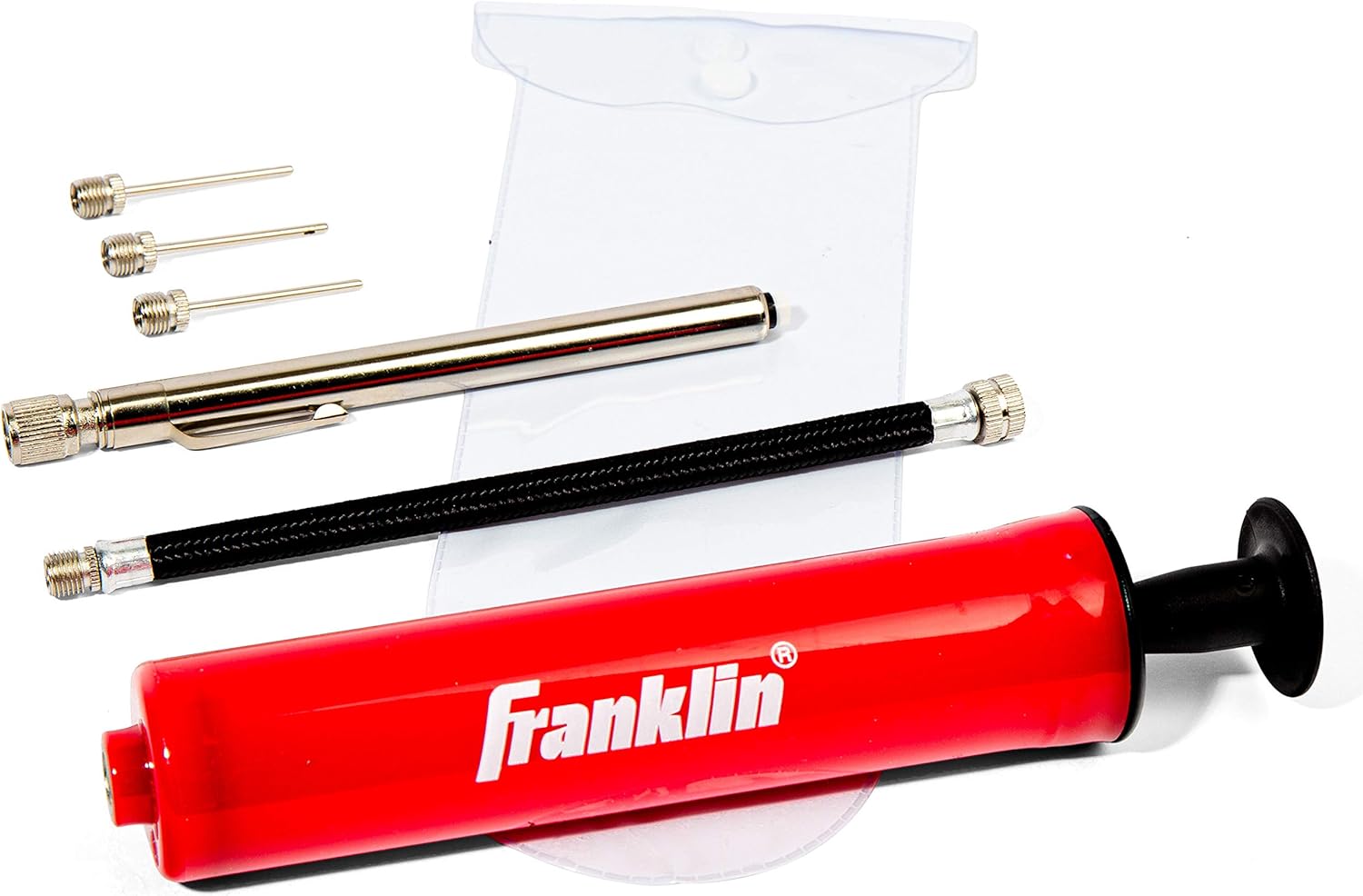 Franklin Sports Ball Pump Kit -7.4″ – Perfect for Basketballs, Soccer Balls and More – Complete Hand Pump Kit with Needles, Flexible Hose, Air Pressure Gauge and Carry Bag