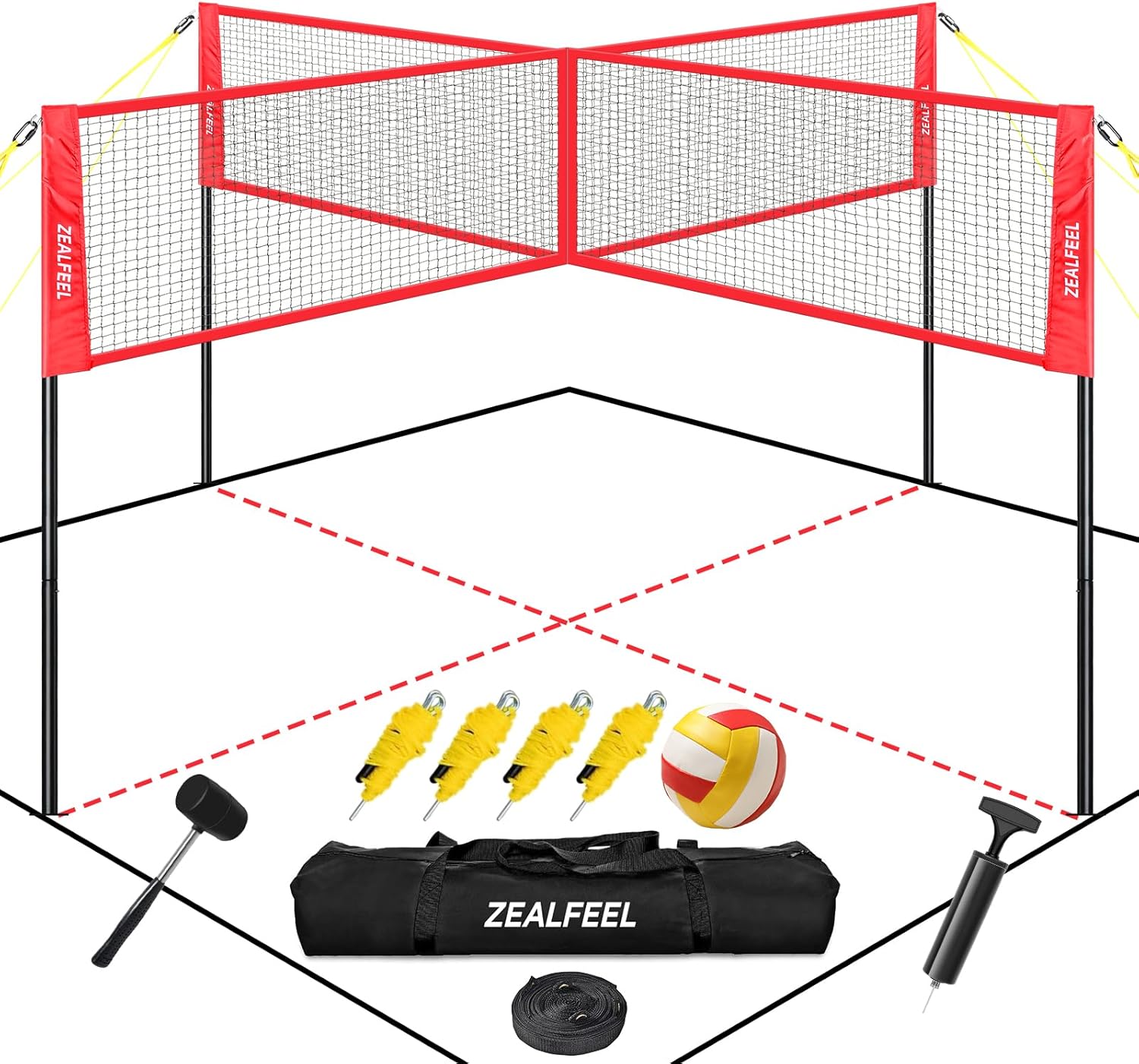 4 Square Volleyball Game Set, 3 Heights Adjustable 4-Way Volleyball Net with Vollyball, Pump, Carry Bag, Hammer, 14 FT 4 Person Volleyball Net for Backyard Beach Lawn, Great for Family Fun
