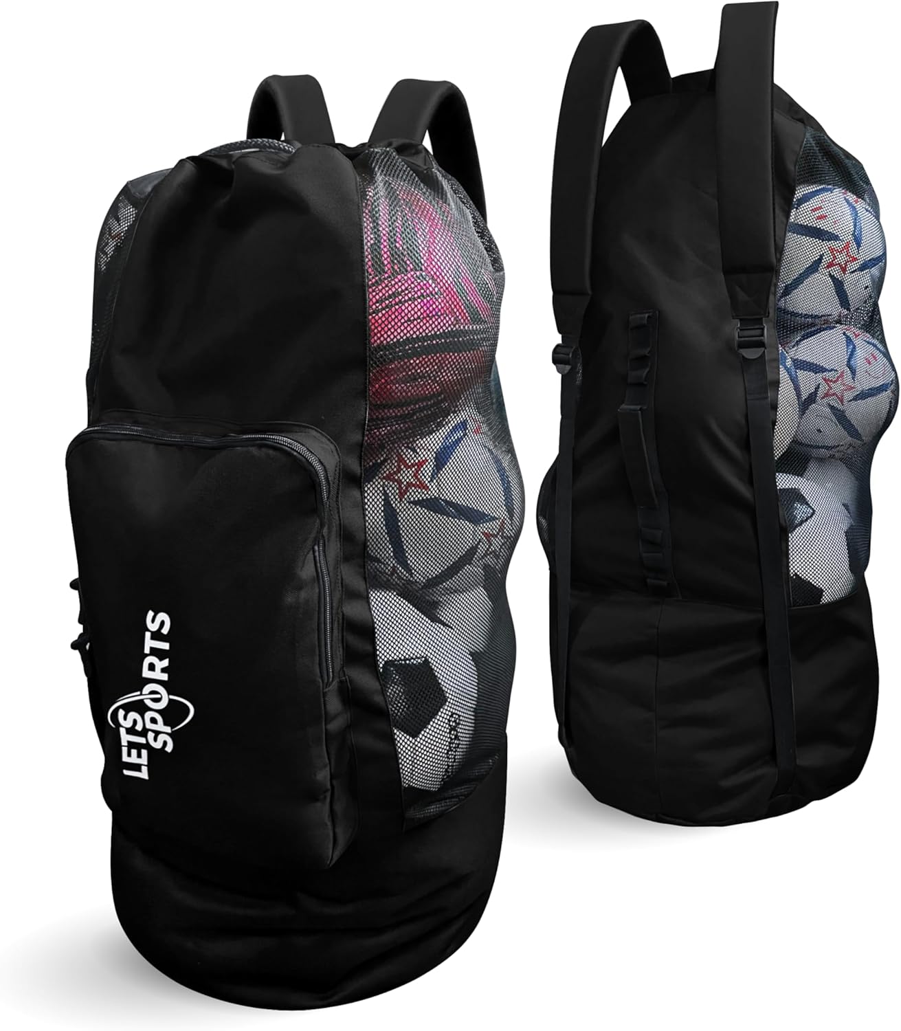 LETS Soccer Ball Bag with Shoulder Straps, Basketball Ball Bag for Coaches, Large Mesh Drawstring Training Equipment Volleyball Ball Storage Bag, Heavy Duty Football & Accessories Holding Net Bag