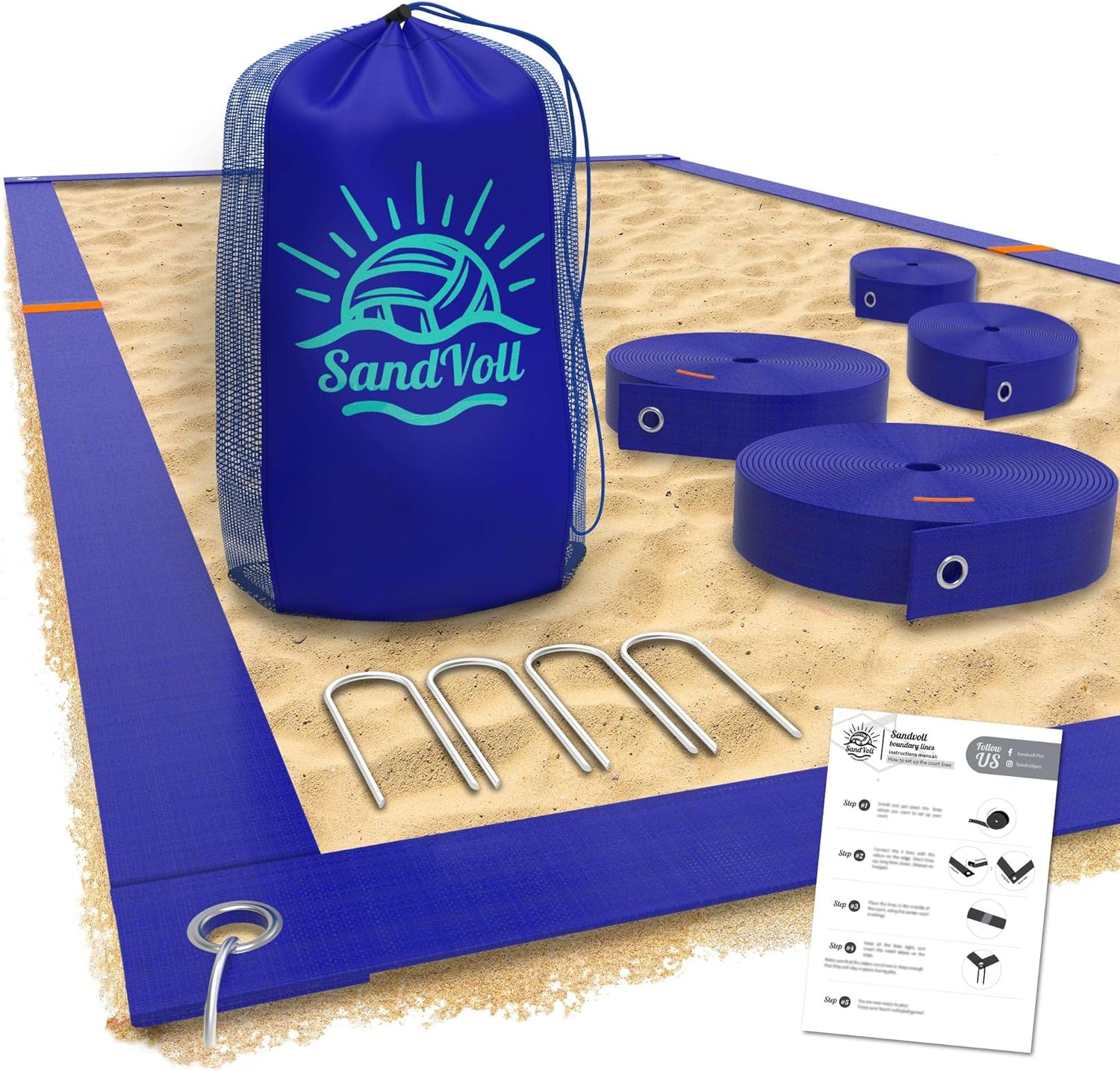 Beach Volleyball Lines for Sand – Portable 2 inch Boundary Lines Set for Outdoor + Sand Anchors and Net Bag. Official Court Size Dimensions (26.3′ x 52.6′)
