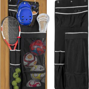 Over The Door Hanging Sports Equipment Organizer, Ball Storage with Metal Hook, Garage Sports Equipment Organizer for Basketball, Football, Volleyball and Tennis Storage, Black