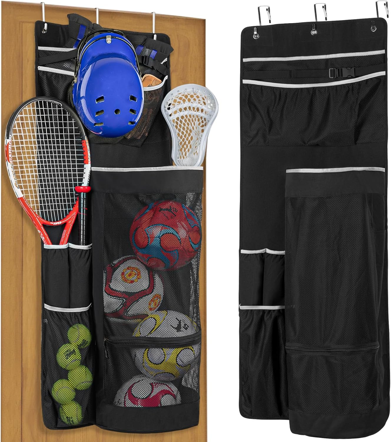Over The Door Hanging Sports Equipment Organizer, Ball Storage with Metal Hook, Garage Sports Equipment Organizer for Basketball, Football, Volleyball and Tennis Storage, Black