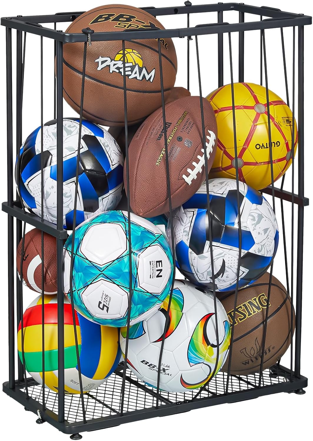 Garage Ball Storage Wall-Mounted & Floor Sports Equipment Organizer: Sports Ball Rack with Elastic Rope, Ball Holder for Basketball, Soccer, Volleyball, Football, Garage, Gym and School, Black