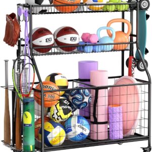 WUC Garage Sports Equipment Organizer, Garage Ball Storage, Ball Storage Rack, Garage Organizer for Garage with Basket and Hooks, Rolling Sports Ball Storage Cart for Toy Sports Gear Storage, Black