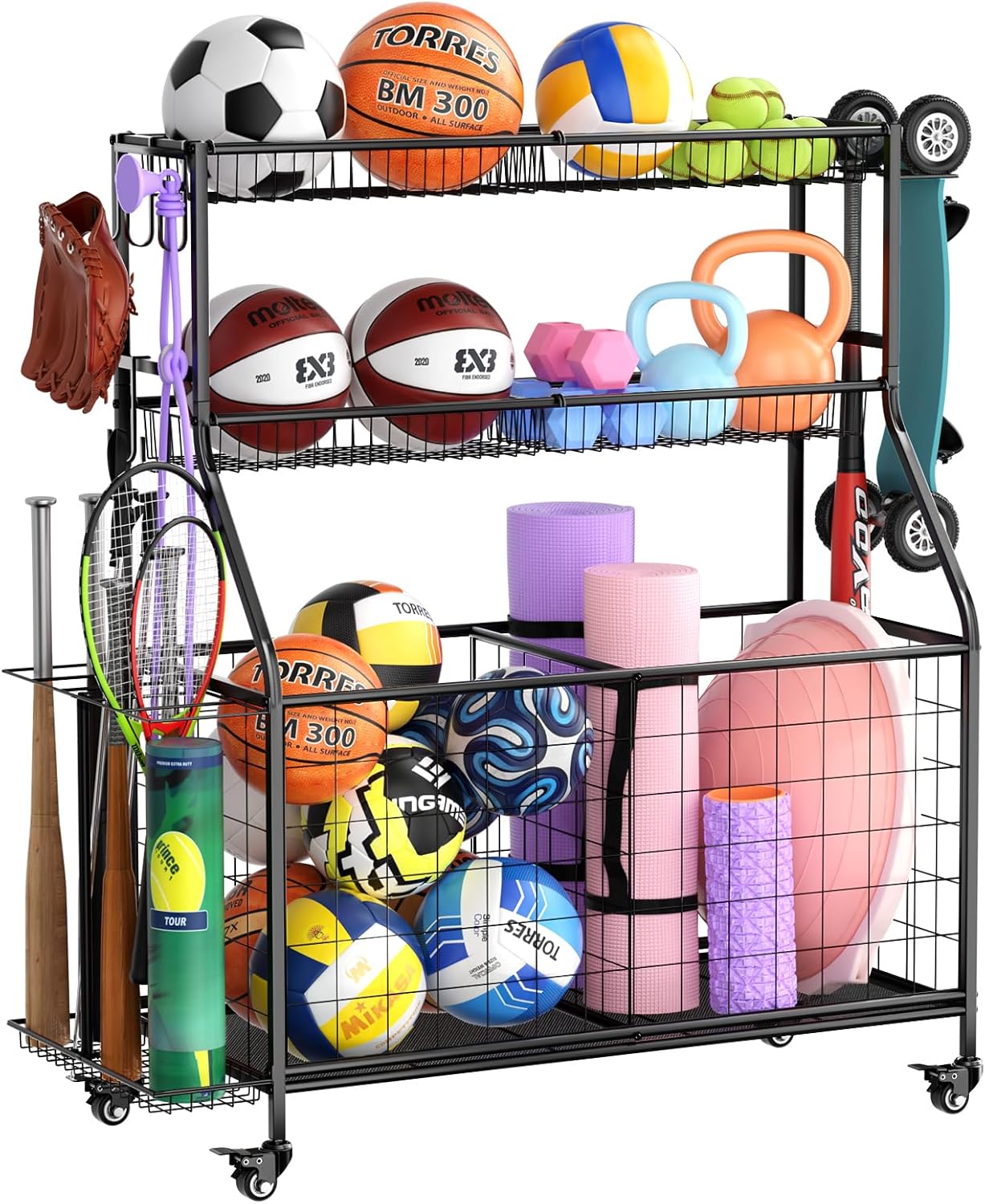 WUC Garage Sports Equipment Organizer, Garage Ball Storage, Ball Storage Rack, Garage Organizer for Garage with Basket and Hooks, Rolling Sports Ball Storage Cart for Toy Sports Gear Storage, Black