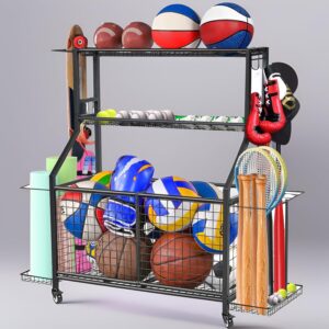 Sports Equipment Organizer for Garage, Ball Storage Rack, Heavy Duty Steel Toy Organizers with Two Wire Mesh Bins, 360°Wheels for Volleyball, basketball, Football, Gear Ball and Gym, Outdoor, Indoor