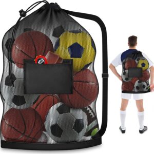 Extra Large Mesh Ball Bag, Heavy Duty Drawstring Storage Bag, 24″ x 36″ Hold 8-10 Soccer Basketball Volleyball Football, Sports Equipment Sack Net Bags with Shoulder Strap and Pocket for Coaches