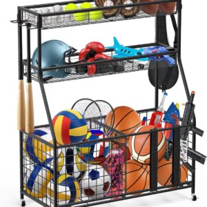 Uboway Garage Organizers and Storage – Sports Equipment Organizer with Basket and Hooks, Toys Storage Organizer, Ball Storage Rack for Basketball,Tennis Ball, Volleyball, Football, Baseball, Black