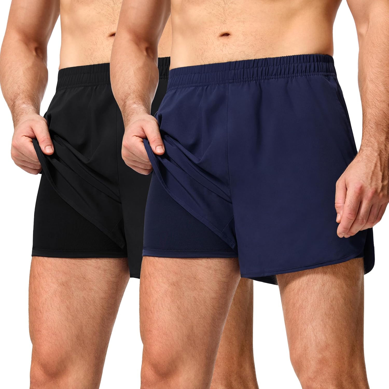 Mens Shorts 2Pack 5 Inch Inseam Athletic Drawstring Elastic Waist 2-in-1 with Liner