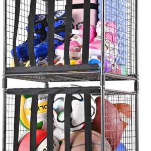 Mythinglogic Rolling Sports Ball Storage Cart, Sports Lockable Ball Storage Locker with Elastic Straps, Stackable Ball Cage for Garage Storage Garage Organizer