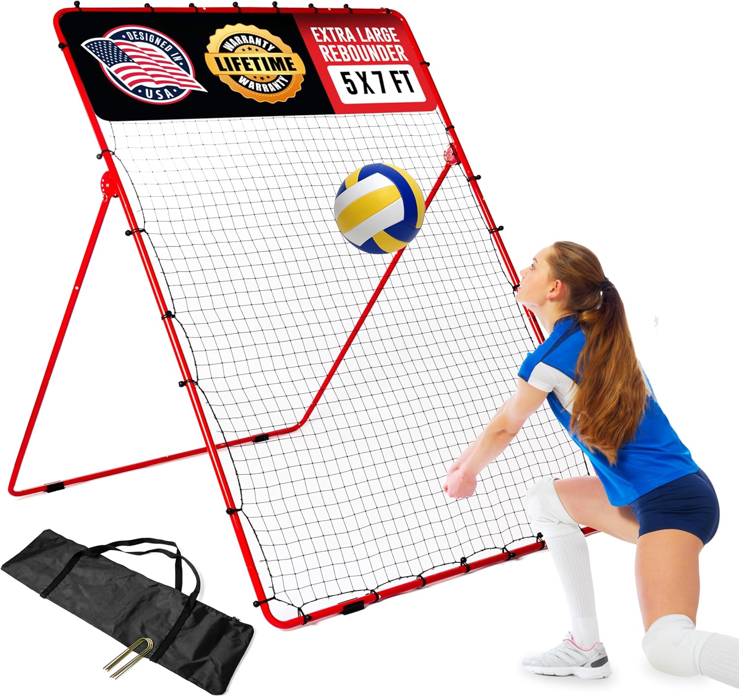 Volleyball Rebounder Net – 7′ x 5′ Adjustable Bounce Back Volleyball Practice Net Rebounder for Improving Bumping, Spiking, Serving – Portable Travel Volleyball Training Equipment Designed by a Coach