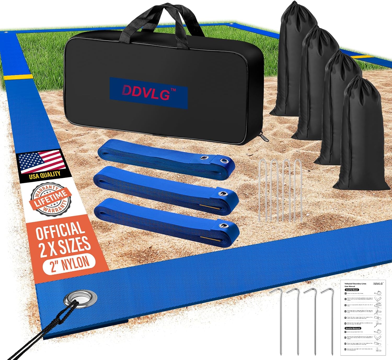 Professional Beach Volleyball Lines for Sand, 2″ Nylon | Ultra-Visible Marking | Weather-Enduring, with Metal Anchors & Sandbags, Standard Sizes – 26.3′ x 52.6′ or 30′ x 60′