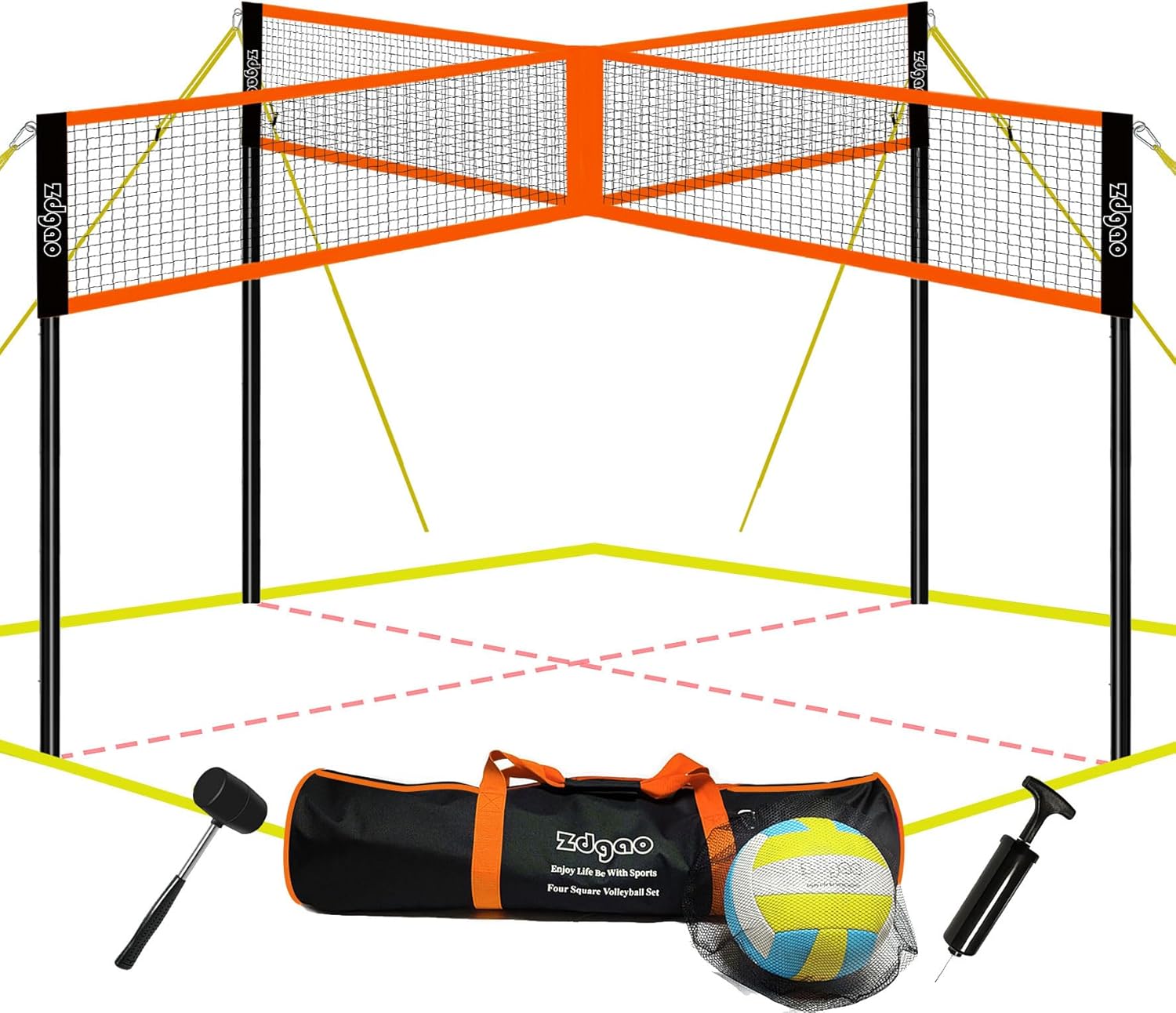Zdgao 14 ft/20 ft 4-Way Volleyball and Badminton Combo Net with Soft Volleyball, Rubber Hammer and Carry Bag, Adjustable Height Four Square Volleyball Game Set for Backyard and Beach