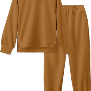 Arshiner Girls 2 Piece Outfits Tracksuits Casual Crewneck Sweatshirts Side Zipper Pullover and High Waisted Sweatpants Set