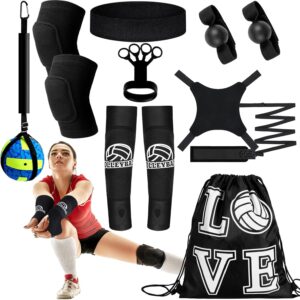 Wettarn 8 Set Volleyball Training Equipment Aid Solo Volleyball Trainer Kit, Include Elastic Volleyball Resistance Belt Set Volleyball Spike Trainer Hand Straps Arm Sleeves Knee Pads Backpack Headband