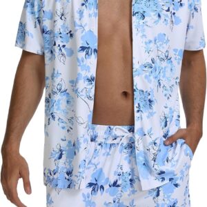 CRYSULLY Men’s 2 Piece Outfits Summer Beach Short Sleeve Shirts and Shorts Button Down Hawaiian Printed Sets with Pockets