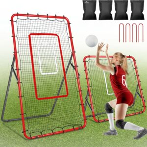 2-in-1 Volleyball Rebounder Net, Adjustable from 7×4 ft to 4×4.5 ft, 4-Angle Bounce Back Net, Training Equipment for Volleying, Bumping, Spiking, Multi-Sport Practice, Resists Twisting (Red)