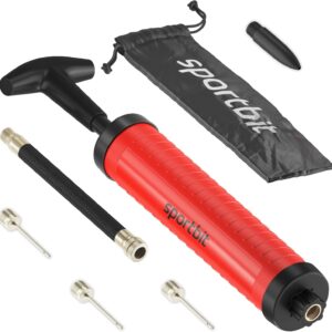 SPORTBIT Ball Pump for Sports Balls – Basketball Pump for Sport Balls – Football & Soccer, Basketball, Volleyball Pump, Swim Inflatables – Hand Air Pump with 3 Needles, Nozzle, Extension Hose, Pouch