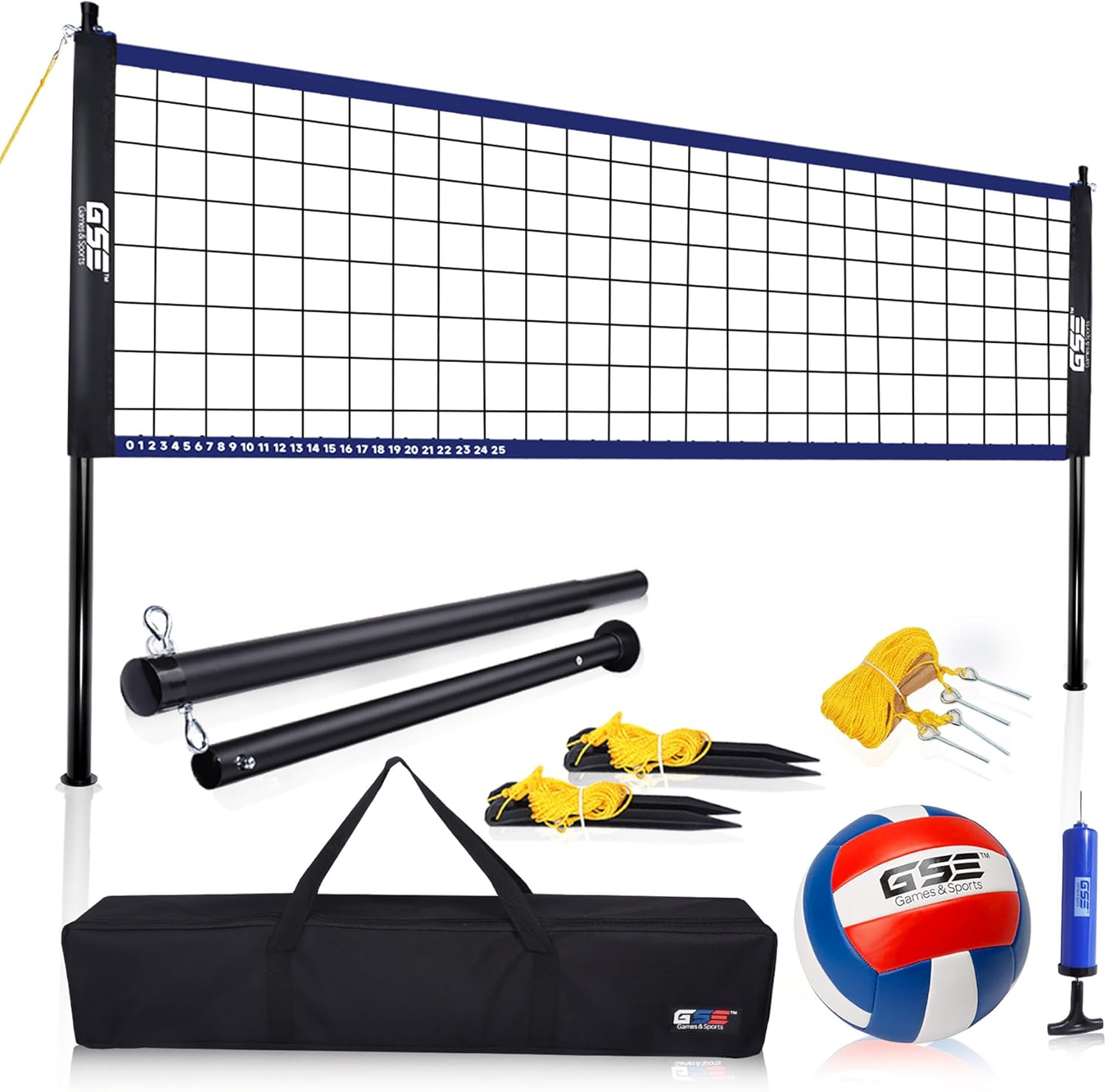 GSE Games & Sports Expert Portable Volleyball Complete Set with Net System with Poles, Volleyball & Pump, Boundary Line, and Carrying Bag (2 Styles Available)