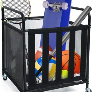 Ball Storage Cart, Sports Equipment Organizer with Wheels, Storing Volleyball, Basketball, Soccer and Baseball, Lockable Rolling Sports Ball Storage for Garage, Playgroup and Gym