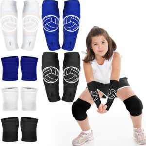 Sosation 3 Set Volleyball Arm Sleeves and Knee Pads for Kids Soft Forearm Sleeves with Protection Pad Thumbhole Volleyball Accessories for Training Youth Girls Boys 5-8 Years Old