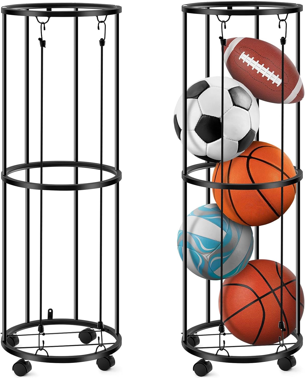 Garage Vertical Ball Rack Rolling Basketball Holder Wall Mounted Soccer Football Volleyball Ball Rack Organizer Space Saving Indoor Ball Storage for Garage Gym Home
