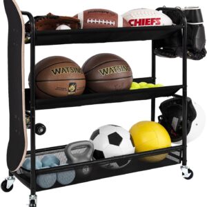 StorageWorks Garage Sports Equipment Organizer with Hooks, Ball Rack Organizer with Wheels, Ball Rack for Basketball, Football, Volleyball
