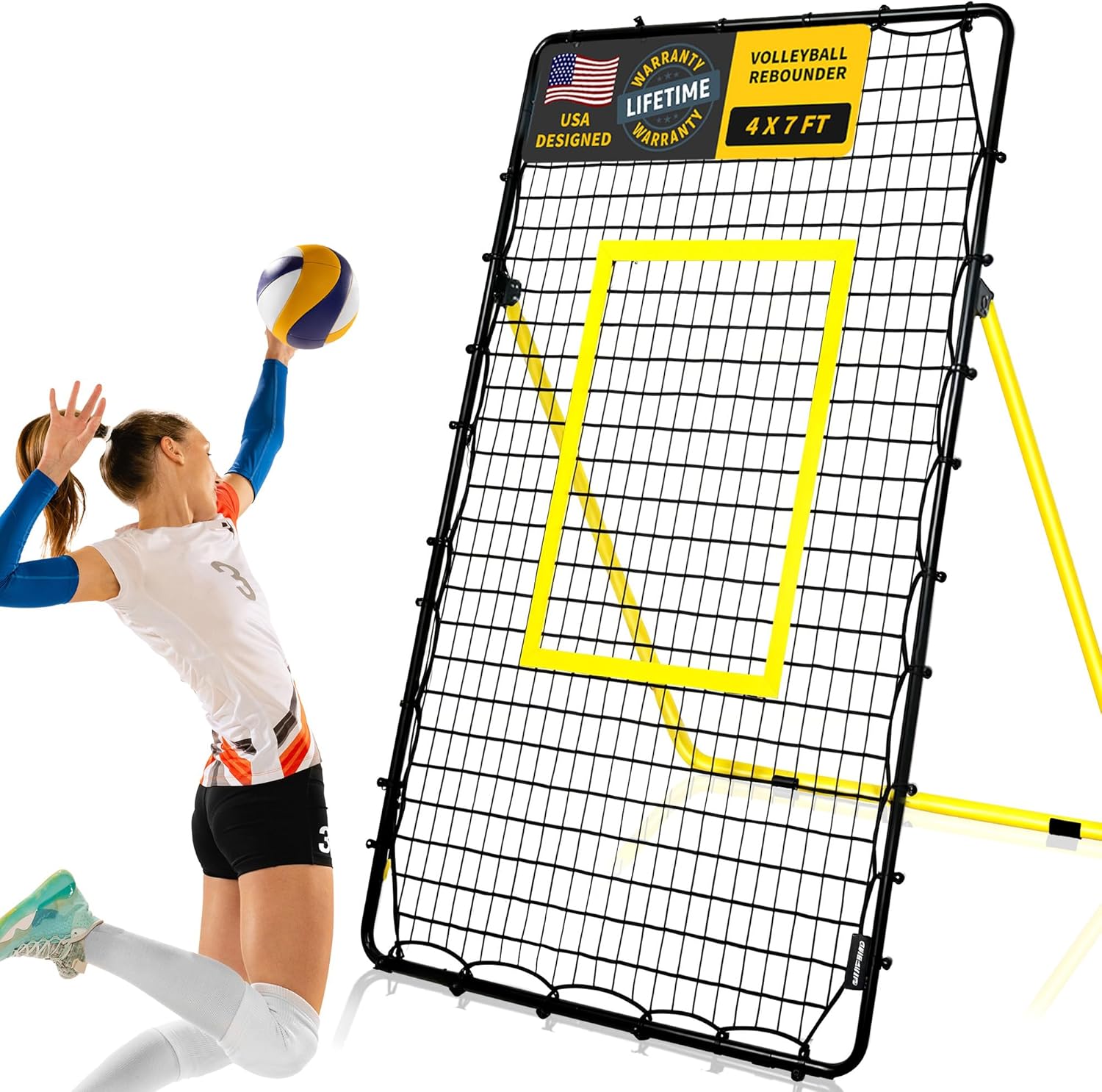 Volleyball Rebounder Net, 6 Adjustable Angles Volleyball Practice Net, Volleyball Training Equipment with Metal Stakes & Carrybag, Also for Baseball, Lacrosse, Soccer Practicing – 7×4 Ft