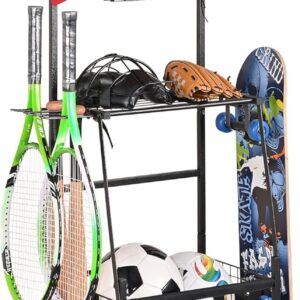 PLKOW Sports Equipment Storage for Garage, Indoor/Outdoor Sports Rack for Garage, Ball Storage Garage Organizer with Basket and Hooks,Toy/Sports Gear Storage