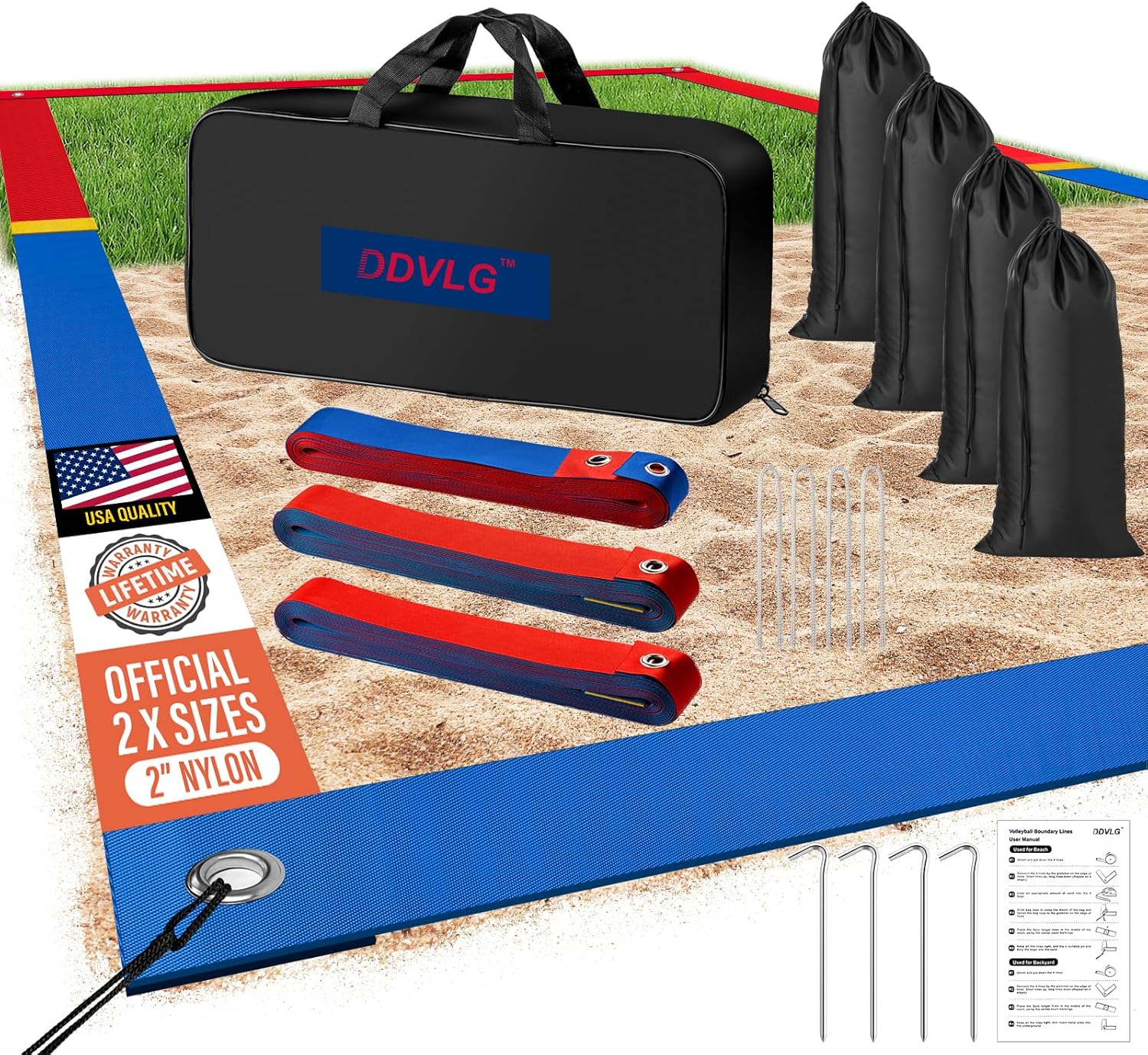 Professional Beach Volleyball Lines for Sand, 2″ Nylon | Ultra-Visible Marking | Weather-Enduring, with Metal Anchors & Sandbags, Standard Sizes – 26.3′ x 52.6′ or 30′ x 60′