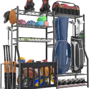 Garage Sports Equipment Organizer, Strong Load Bearing Golf Bag Organizer, Multi Use Golf Organizer Ball Rack Basketball Rack For Sports Gear and Outdoor Ball Storage
