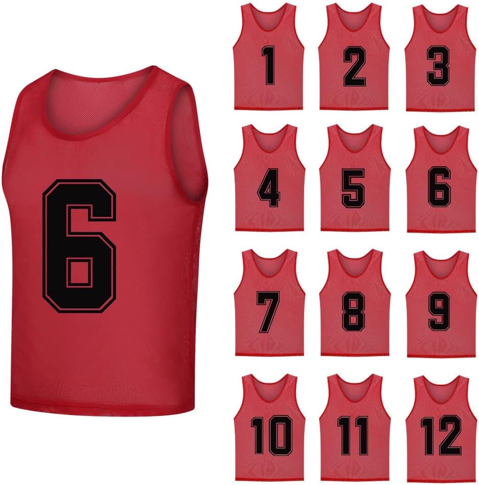 12 Pack(1-12) Numbered Pinnies/Soccer Training Bibs/Basketball Jerseys for Kids,Youth and Adults