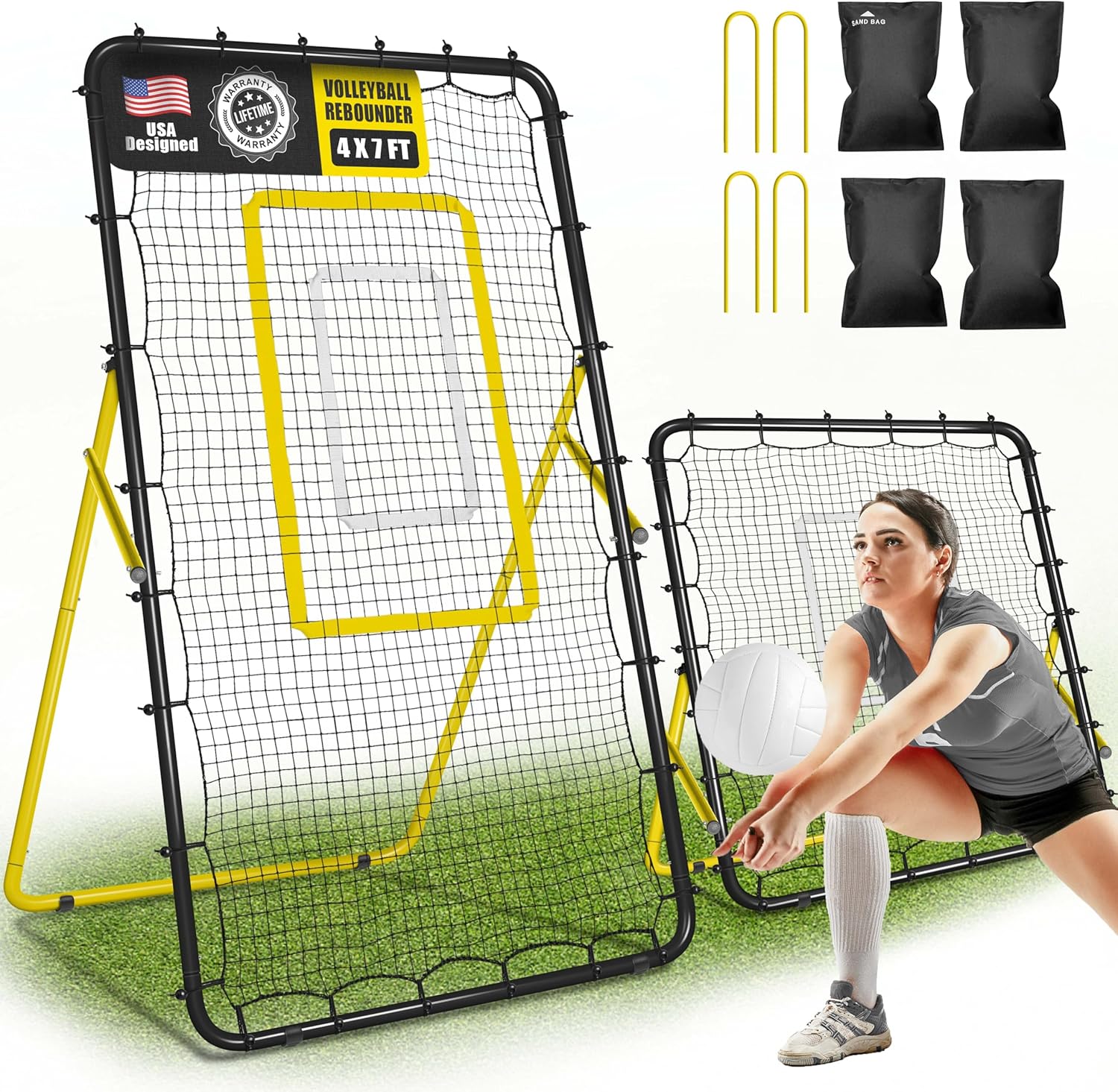 2-in-1 Volleyball Rebounder Net System, Adjustable from 7×4 ft to 4×4.5 ft, 4-Angle Bounce Back Net, Training Equipment for Volleying, Bumping, Spiking Practice, Resists Twisting