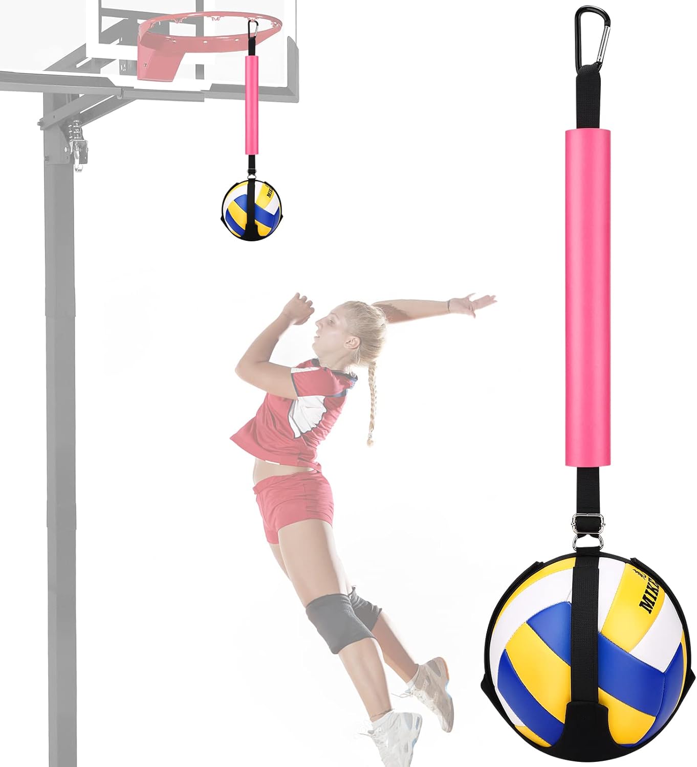 TOBWOLF Spiking Volleyball Trainer with Bottom Holder, Adjustable Volleyball Spike Pal for Basketball Hoop, Solo Practice Trainer Volleyball Spike Training Aid & Serving Hitting Trainer – Pink