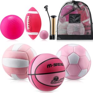 6 Pcs Multi Sport Ball Set Official Size Football, Basketball, Soccer, Volleyball, Playground Ball, Baseball with Equipment Bag Pump for Teen Adult Sport Gift Back to School
