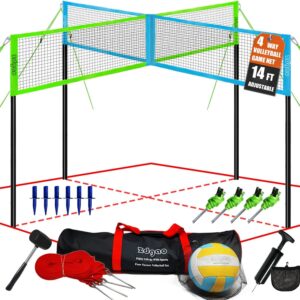 Zdgao 14 ft/20 ft 4-Way Volleyball and Badminton Combo Net with Soft Volleyball, Rubber Hammer and Carry Bag, Adjustable Height Four Square Volleyball Game Set for Backyard and Beach