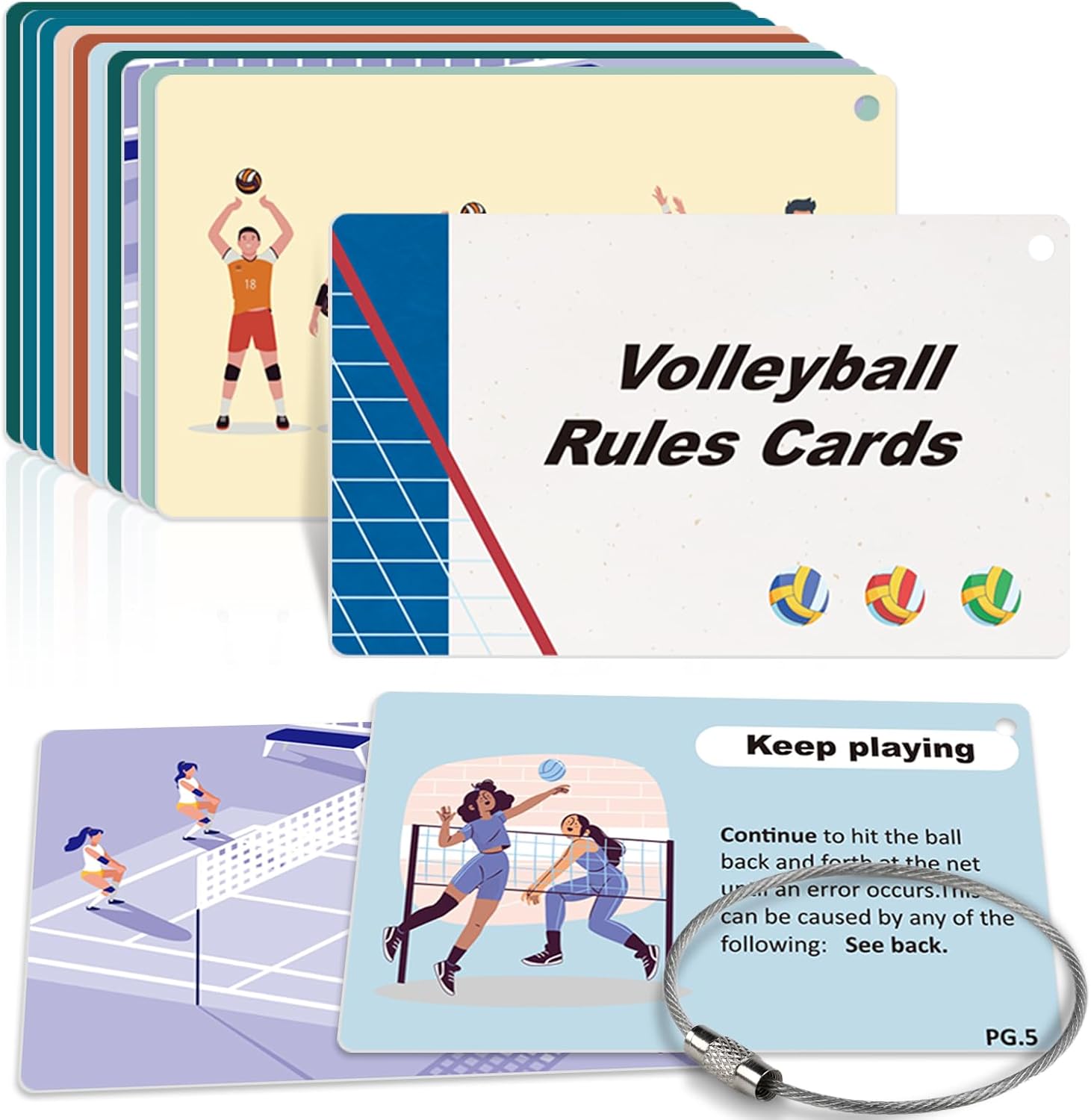 10 Pcs Volleyball Training Equipment Aid Cards for Rules 3×5 Inch Sports Exercise Card with Wire Keychain Volleyball Reference Card Coach Gifts Practice Accessories for Teens Beginner School Training